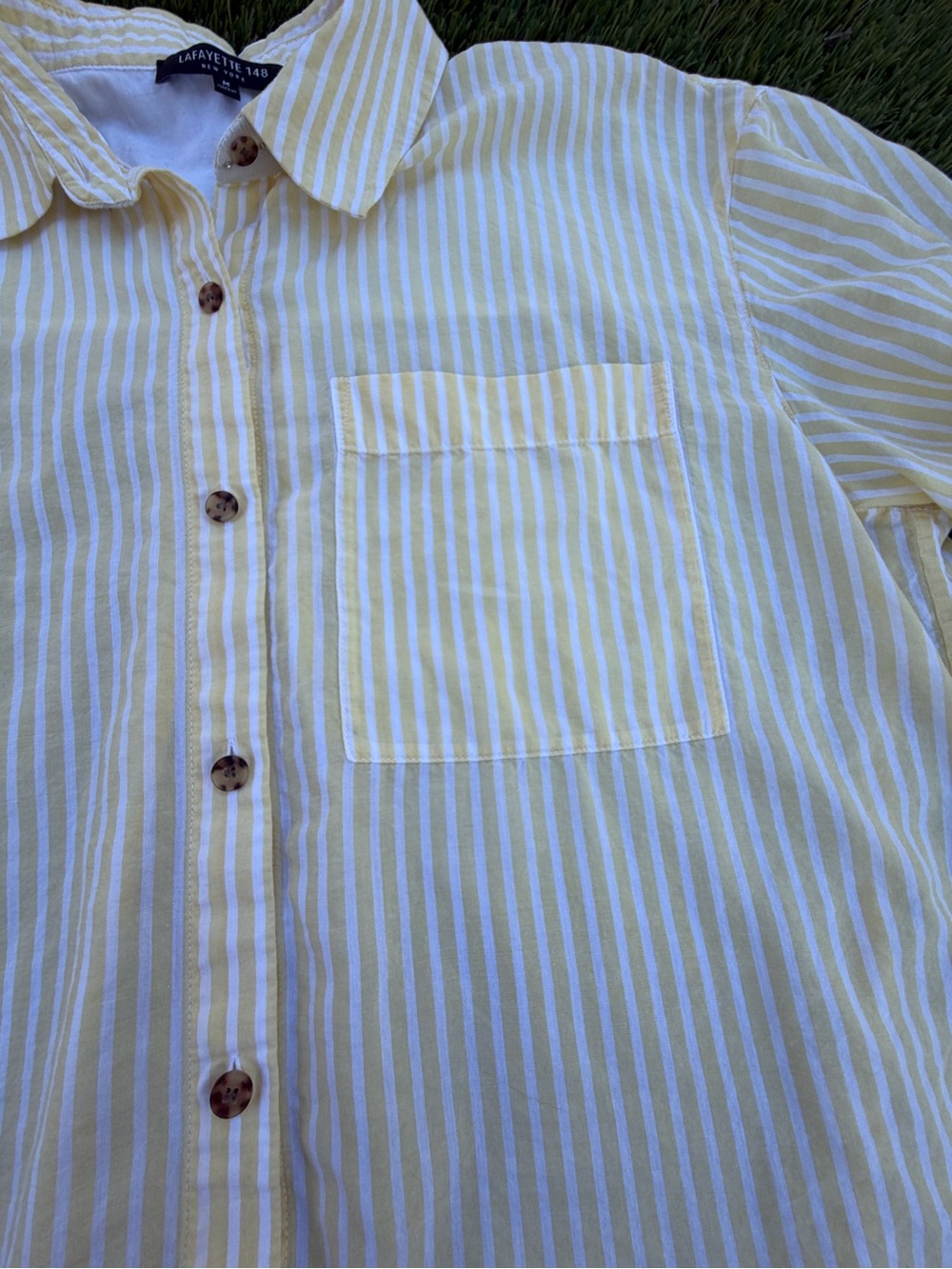 Lafayette 148 New York Short Sleeve Yellow Stripe Button-Down Shirt - Picture 5 of 8